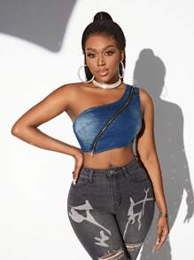 SHEIN SXY Women's One Shoulder Short Denim Jacket With Diagonal Zipper - Dark Wash - View 4