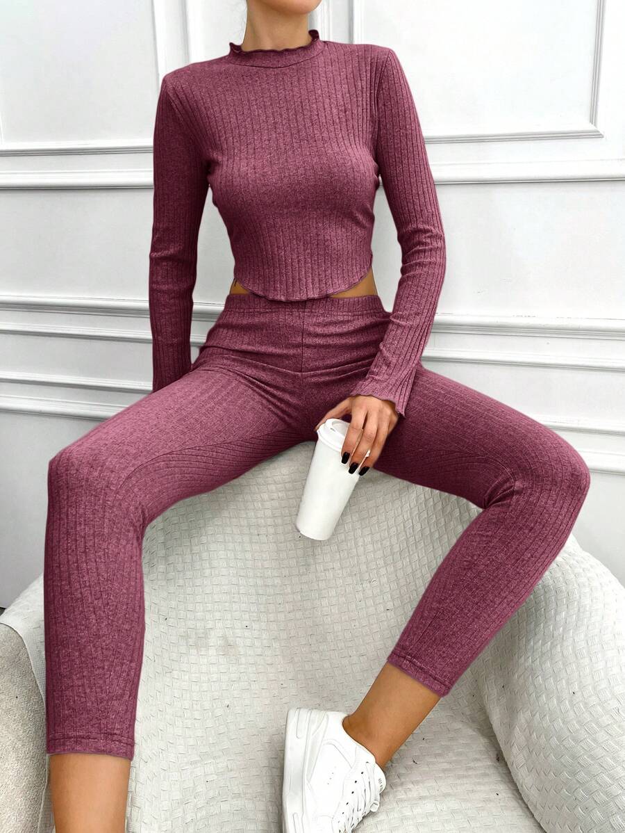 RueChic Women's Stand Collar Cropped T-Shirt And Capri Pants Two Piece Set - Burgundy - View 1