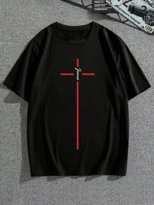 男圓領字母印花t卹 - 黑色 - 查看 4