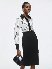 BizChic Women'S Letter Printed Contrast Color Shirt Dress Without Belt - Black and White - View 1