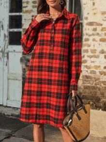 SHEIN Clasi 女性格子印花長袖連衣裙 - 紅色 - 查看 1