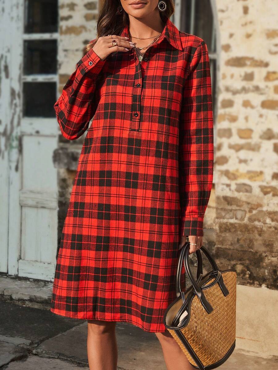 SHEIN Clasi 女性格子印花長袖連衣裙 - 紅色 - 查看 1