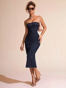 SHEIN BAE 女士無肩帶牛仔連衣裙 - 藍色 - 查看 4