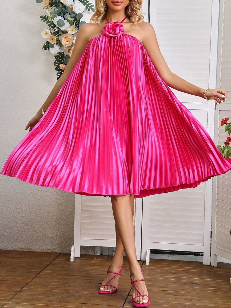 Solid Color 3d Flower Ruffle Backless Halter Neck Dress