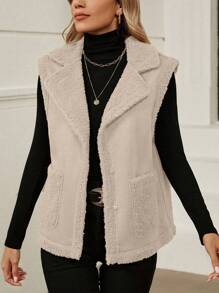 SHEIN LUNE Dual Pocket Teddy Lined Vest Jacket - Apricot - View 5