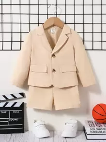 SHEIN 寶寶男孩 mass noun 實色轉領釦領針織衫和休閒短褲套裝