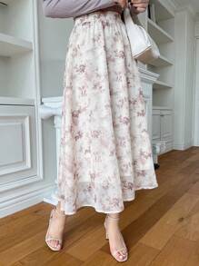 DAZY 女性彈性腰植物圖案裙 - 杏色 - 查看 5