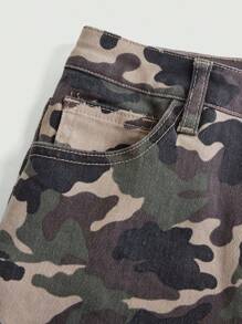 SHEIN Teenage Girls' Camouflage Print Casual High Waist Flared Jeans - Army Green - View 4