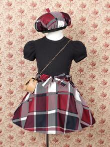 SHEIN Young Girl Puff Sleeve Top And Checked Skirt Set With Hat - Rose Red - View 1