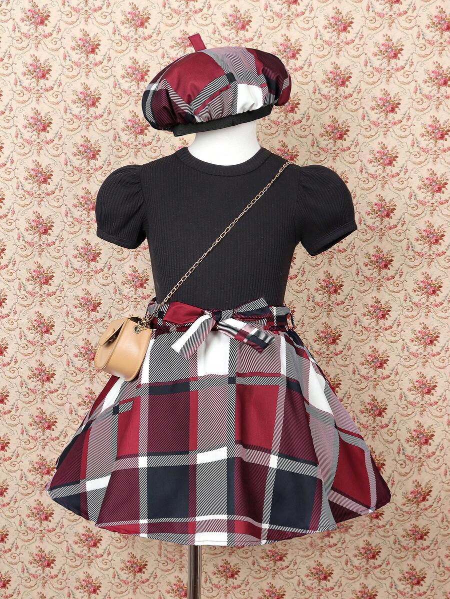 SHEIN Young Girl Puff Sleeve Top And Checked Skirt Set With Hat - Rose Red - View 1