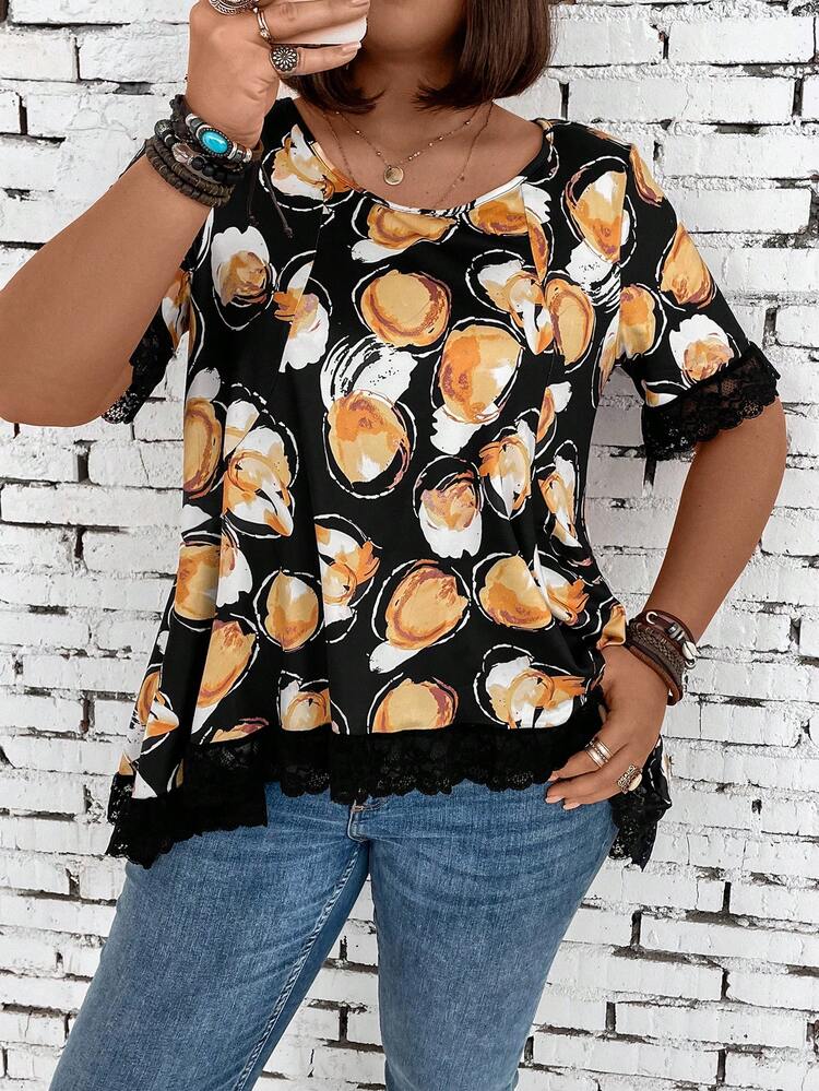 Plus Size Printed Patchwork Lace T-Shirt
