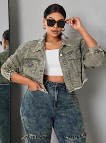 SHEIN SXY 大尺碼破洞斷裂牛仔外套 - 軍綠色 - 查看 1
