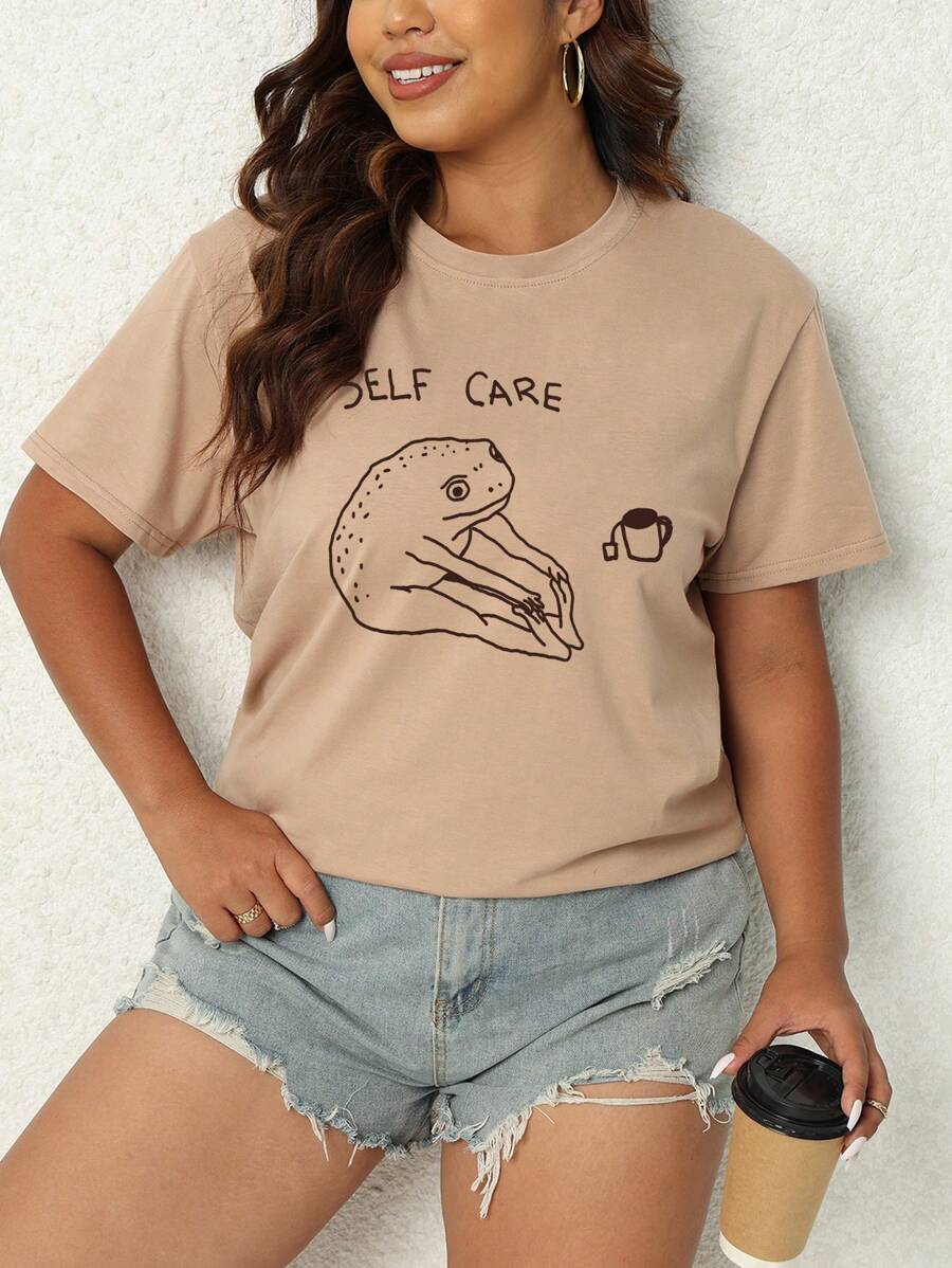 SHEIN Essnce Hơn Cartoon & Đồ họa chữ cái Áo thun - Màu be - Xem 1