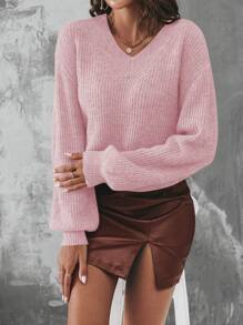 SHEIN Essnce 女款v領下垂肩長袖毛衣 - 粉色 - 查看 4