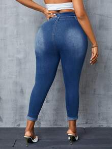 SHEIN SXY 大尺碼女士修身牛仔褲 - 中等水洗藍 - 查看 2