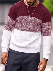 Manfinity Homme 男士色塊拼接圓領長袖毛衣 - 酒紅色 - 查看 3