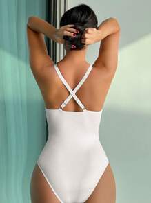 SHEIN Swim Women's Back Cross One-Piece Swimsuit Wedding Summer - Silver - View 2
