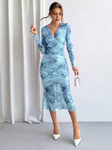 SHEIN Privé Vestido De Manga Larga Con Cuello Envolvente De Malla De Degradado Para Mujer - Celeste - Ver 6