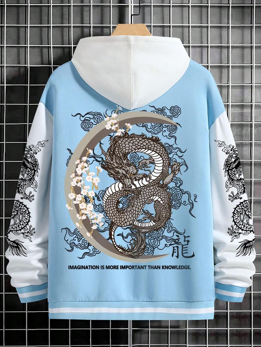 Manfinity Roghcode Loose Fit Men's Long Sleeve Chinese Dragon & Letter Printed Rave Baseball Jacket With Warm Lining Without Hoodie, Anime Hoodie Men, Graphic Hoodies Street Wear, Fall - Multicolor - View 1