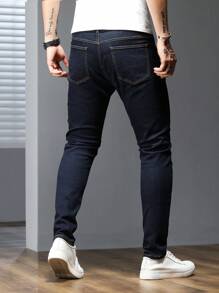 Manfinity Homme 男士大码口袋牛仔裤，纯色深蓝色修身长款深色洗水牛仔裤，洗水工装牛仔裤，适合送给丈夫、男朋友的礼物 - 藍色 - 查看 2