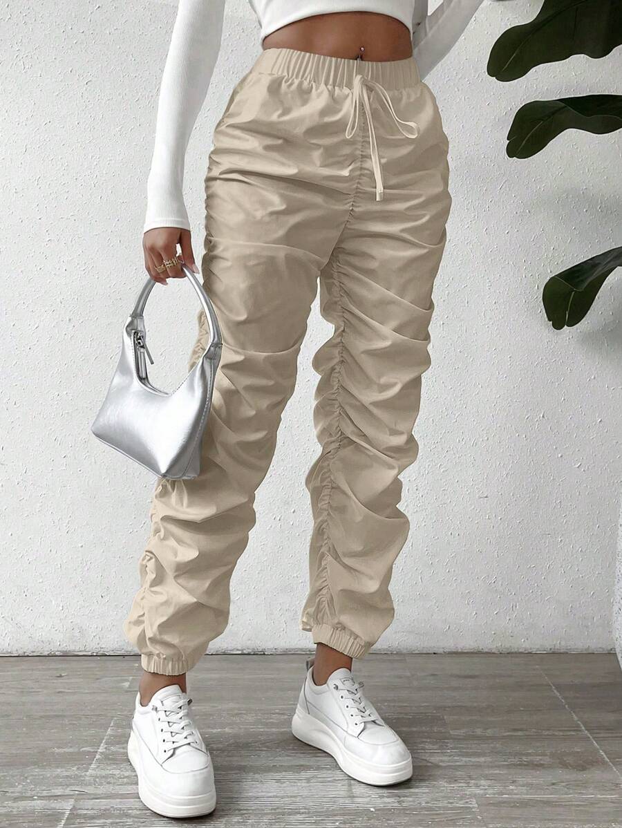 SHEIN LUNE Women's Front Knot Stacked Pants Fall Cloth For Women - Apricot - View 1