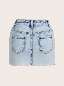 SHEIN ICON 彈性牛仔毛邊下擺半身裙 - 淺色水洗藍 - 查看 2
