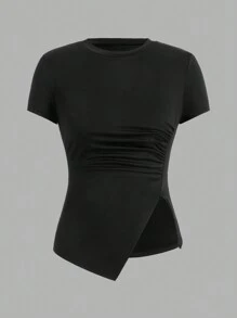 SHEIN Essnce 3pcs/Set Asymmetrical Short Sleeve T-Shirt With Pleat Detail - Multicolor - View 4