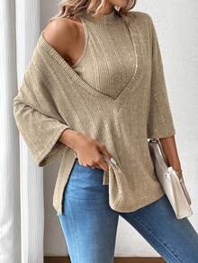 SHEIN LUNE 2件套女士露背頸肋織背心和垂墜肩長袖衫 - 杏色 - 查看 3