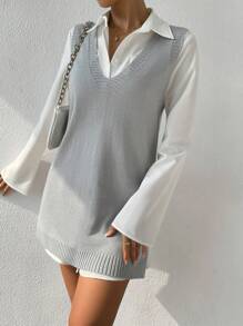 Cloudara Split Hem Sweater Vest Without Blouse - Grey - View 3