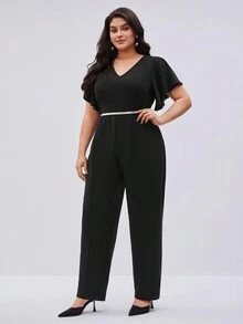 BizChic Women's Plus Size V-neck Ruffle Sleeve Straight Wide Leg Jumpsuit - Black - View 7
