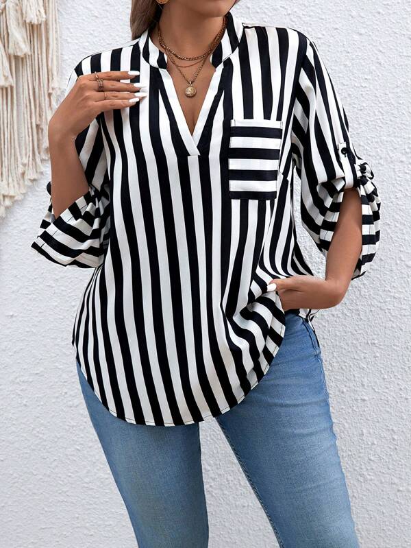 SHEIN Essnce Plus Size Women's Striped Roll-Up Sleeve Shirt