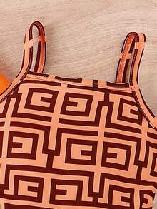 SHEIN 幼兒女孩春秋休閒街頭風格運動時尚酷襯衫與幾何印花吊帶連衣套裝 - 橘色 - 查看 4