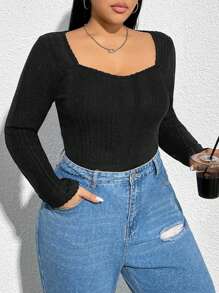 SHEIN EZwear 大尺碼雞心領長袖 T 卹 - 黑色 - 查看 5