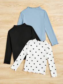 小女孩純色愛心圖案立領休閒t卹3入組 - 藍色 - 查看 2