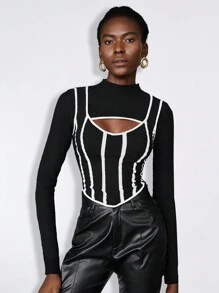 BizChic 1PC Contrast Binding Cut Out Front Sweater - Multicolor - View 8