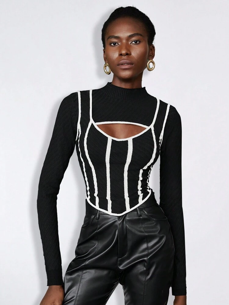1PC Contrast Binding Cut Out Front Sweater