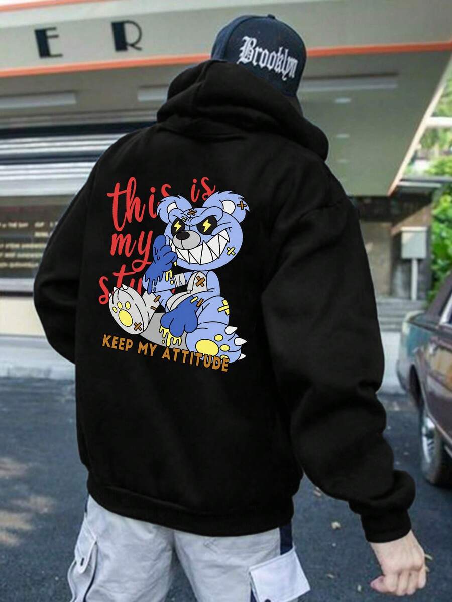 Manfinity EMRG 男士連帽印花衛衣,卡通字母圖案設計,可調節束線 - 黑色 - 查看 1