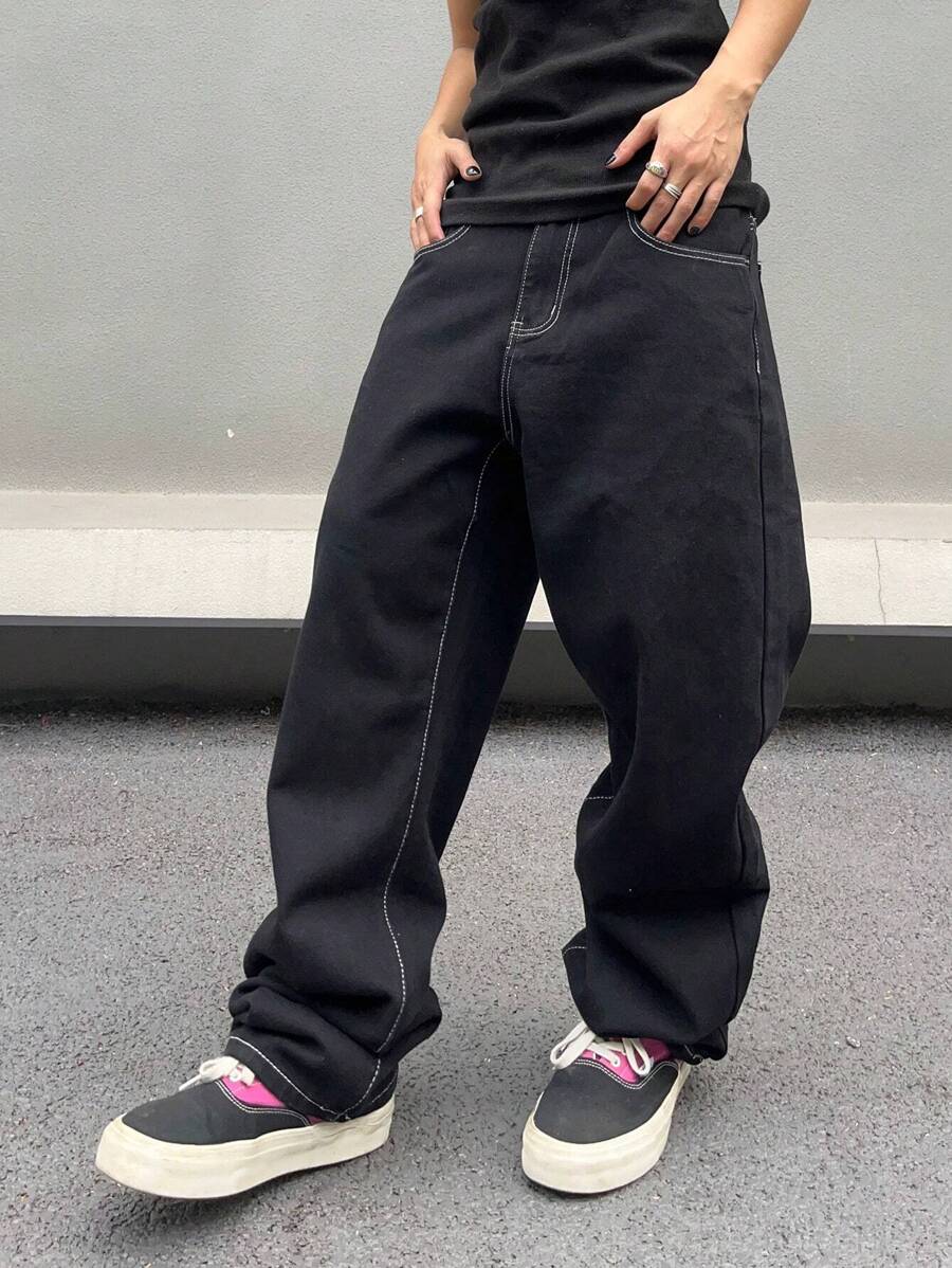 GALLERY FADE 宽松版型男士撞色缝线斜口袋牛仔裤纯色宽牛仔裤长款宽松纯色黑色洗水工装牛仔裤，适合送给丈夫、男朋友的礼物，适合外出工作、通勤、大学街头、垃圾摇滚 - 黑色 - 查看 1