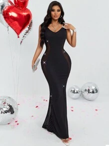 Zolique Vestido De Mujer Con Empalme De Malla De Lunares