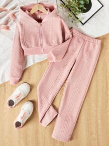 SHEIN Tween 女童針織提花布料拉鍊連帽衫配運動褲套裝 - 粉色 - 查看 1