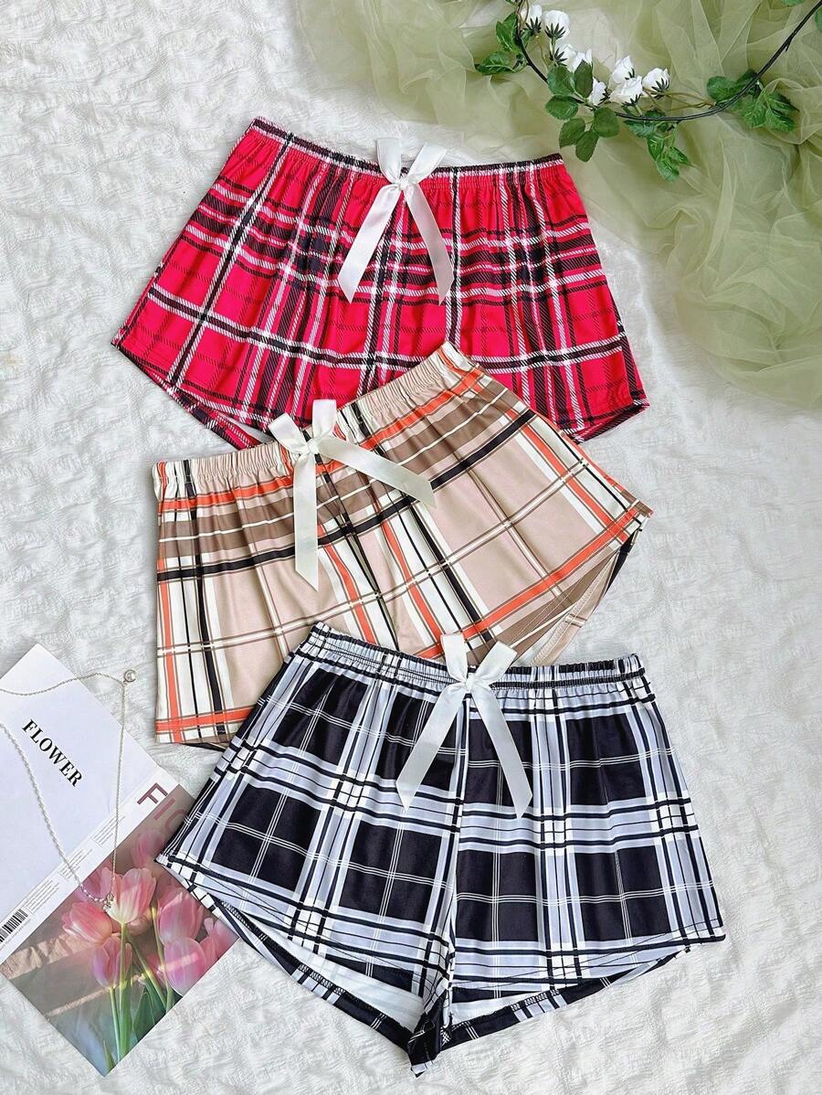 3pcs Plaid Bow Front Pajama Sleep Shorts - Multicolor - View 1