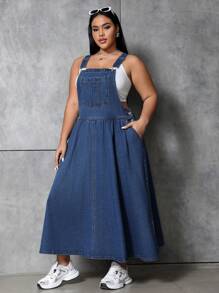 CovetEZ 大尺碼牛仔連身裙,斜口袋設計 - 藍色 - 查看 5