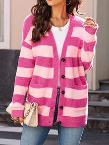 Khối màu Sọc Có nút 	
Fuzzy Áo len Mở - Màu Hồng Tươi - Xem 1