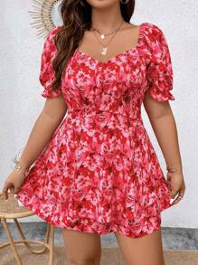 Celure 大码夏季甜心领泡泡袖花卉印花连体衣 - 紅色 - 查看 4