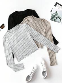 SHEIN Frenchy Women's Round Neck Long Sleeve Ribbed T-Shirt - Multicolor - View 1