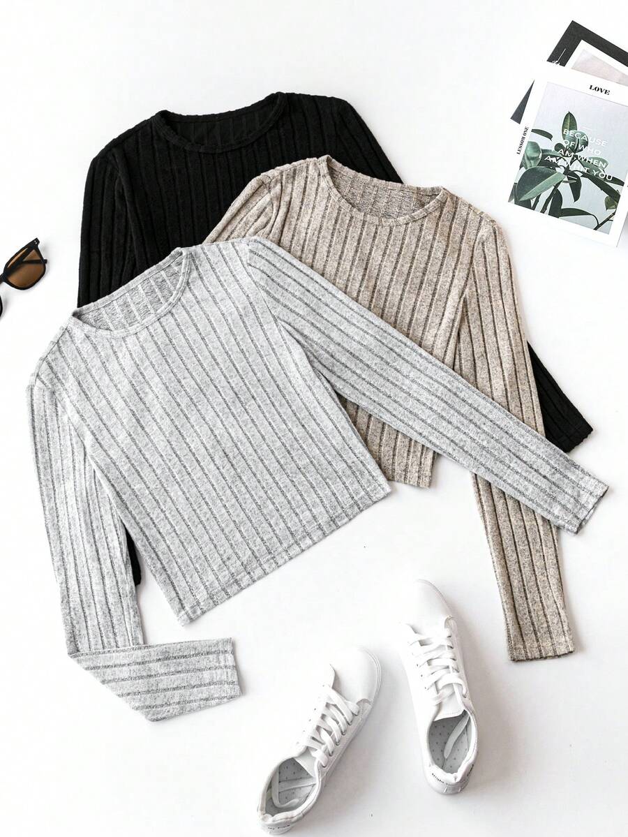 SHEIN Frenchy Women's Round Neck Long Sleeve Ribbed T-Shirt - Multicolor - View 1