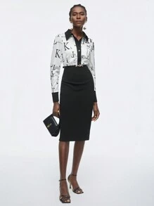 BizChic Women'S Letter Printed Contrast Color Shirt Dress Without Belt - Black and White - View 2