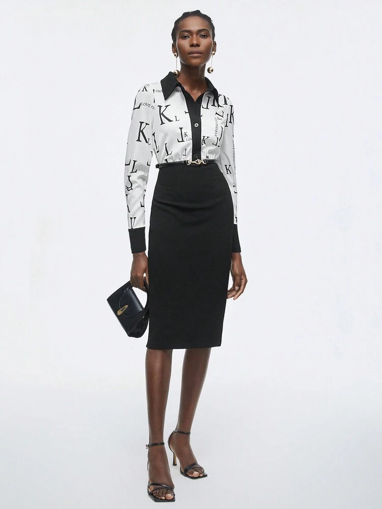 Women'S Letter Printed Contrast Color Shirt Dress Without Belt
