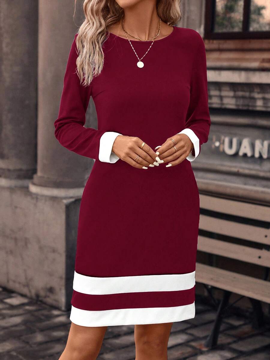 SHEIN Clasi Ladies' Color Block Striped Casual Dress - Burgundy - View 1