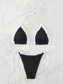 SHEIN Swim Summer Contrast Ruffle Trim Triangle Cup Knotted Side Bikini Set Wedding - Black and White - View 6